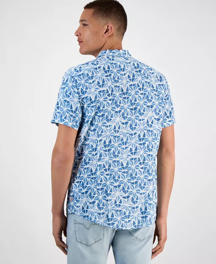 GUESS Men's Slim Fit Short Sleeve Printed Button-Front Shirt Watercolor Burst Petroleum Blue Size XL