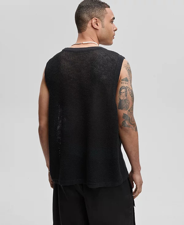 Mode of One Men's Textured-Knit Tank Top Deep Black Size S