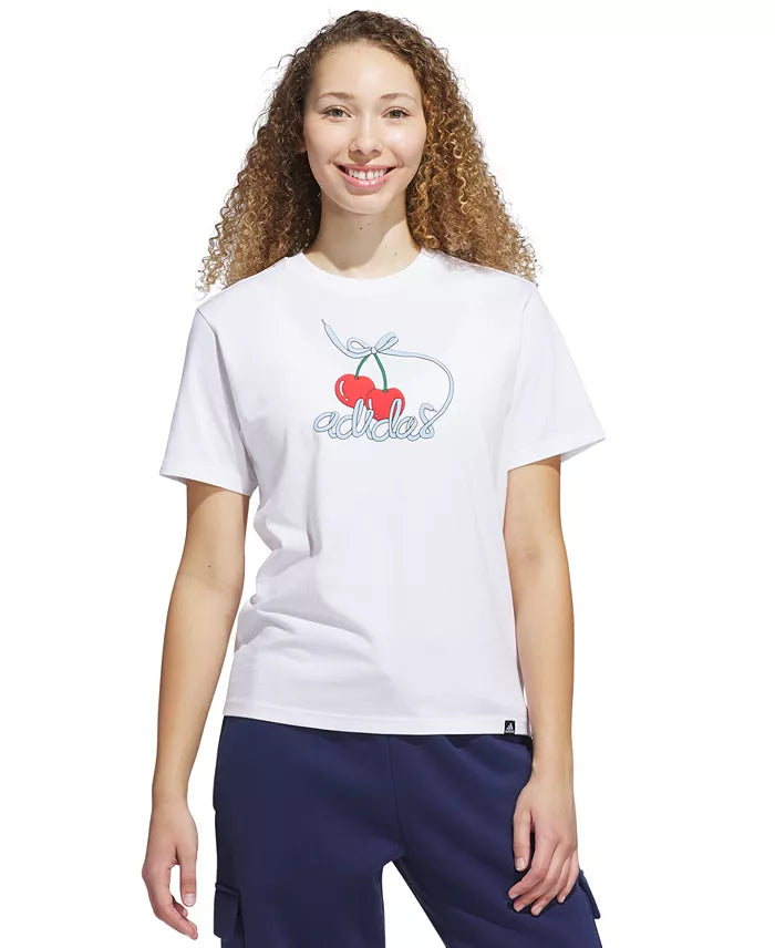 Adidas Women's Cotton Cherry Logo-Graphic Crewneck T-Shirt Color White Size M