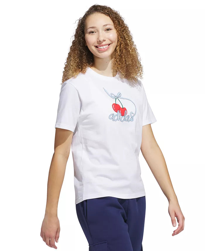 Adidas Women's Cotton Cherry Logo-Graphic Crewneck T-Shirt Color White Size M