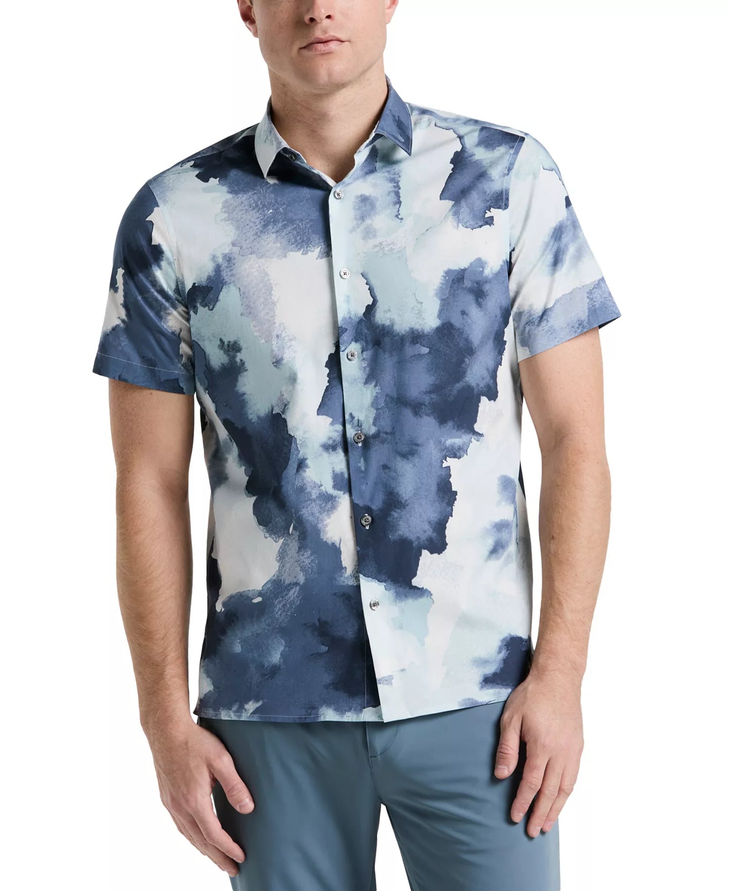 Perry Ellis Men's Short Sleeve Watercolor Print Button-Front Shirt Blue Mirage Size L