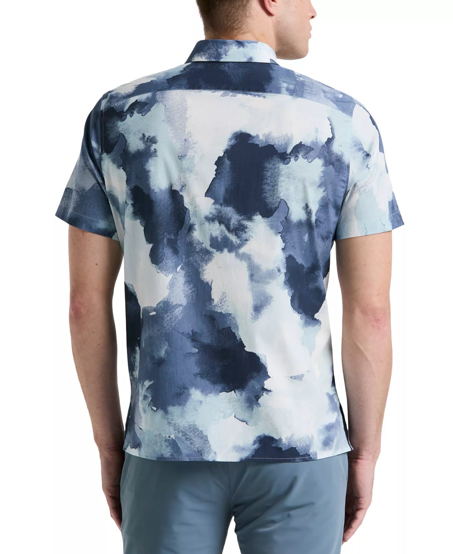 Perry Ellis Men's Short Sleeve Watercolor Print Button-Front Shirt Blue Mirage Size L