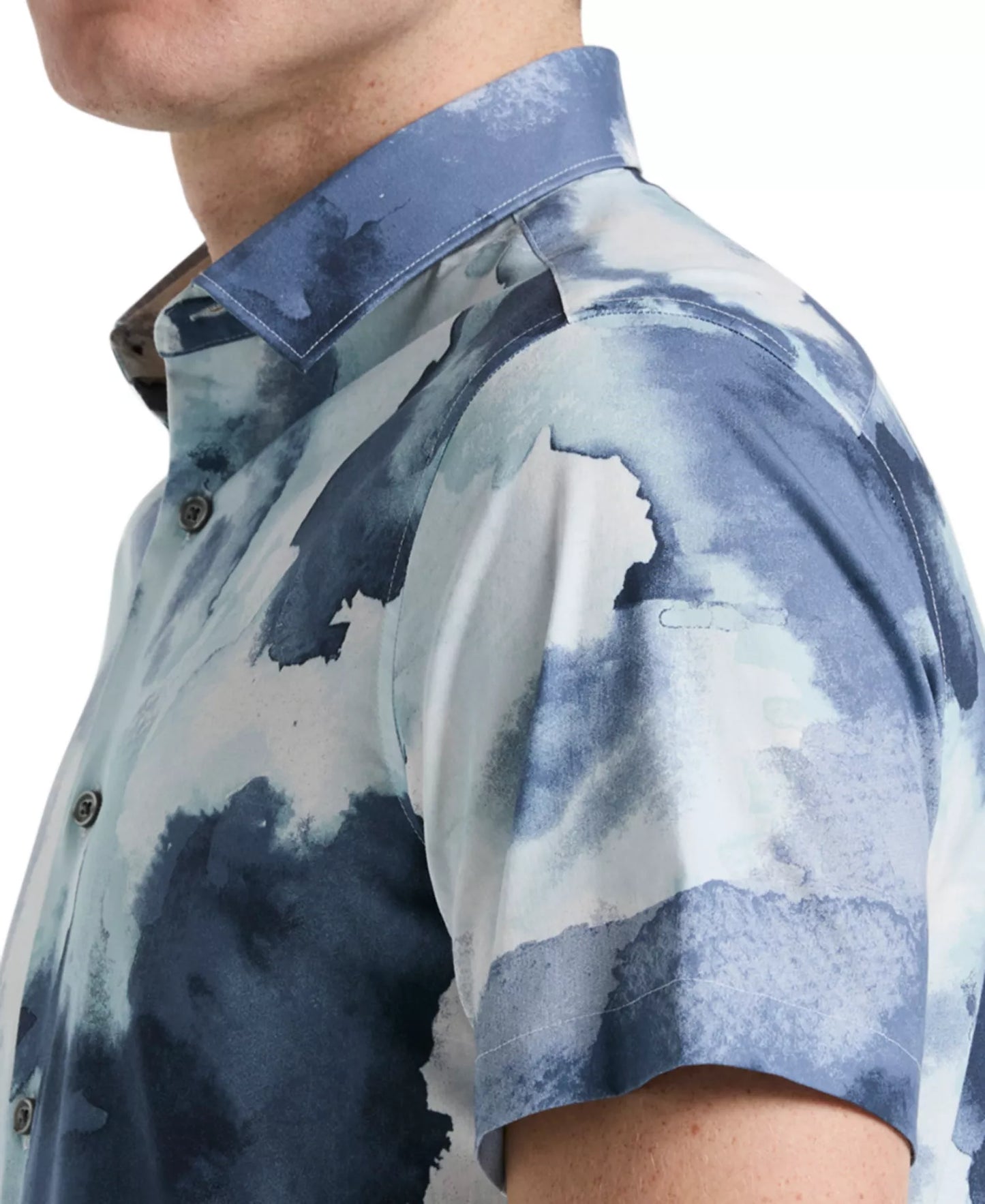 Perry Ellis Men's Short Sleeve Watercolor Print Button-Front Shirt Blue Mirage Size L