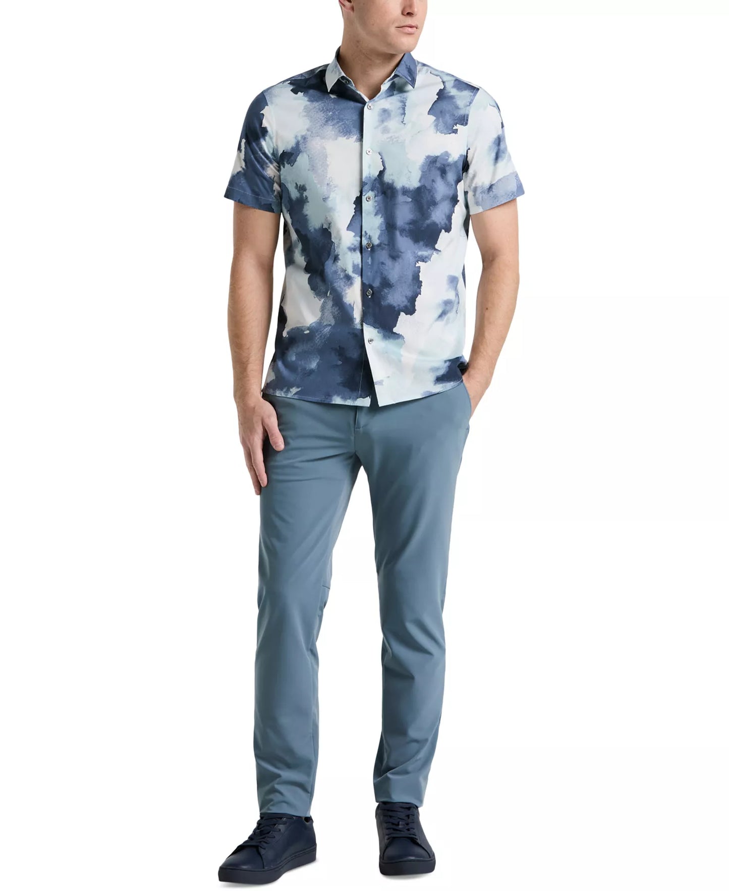 Perry Ellis Men's Short Sleeve Watercolor Print Button-Front Shirt Blue Mirage Size L