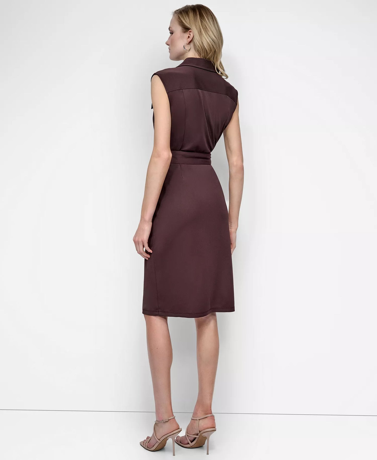 DKNY Women's V-Neck Cargo-Pocket Sleeveless Midi Dress Chocolate Plum Size 10