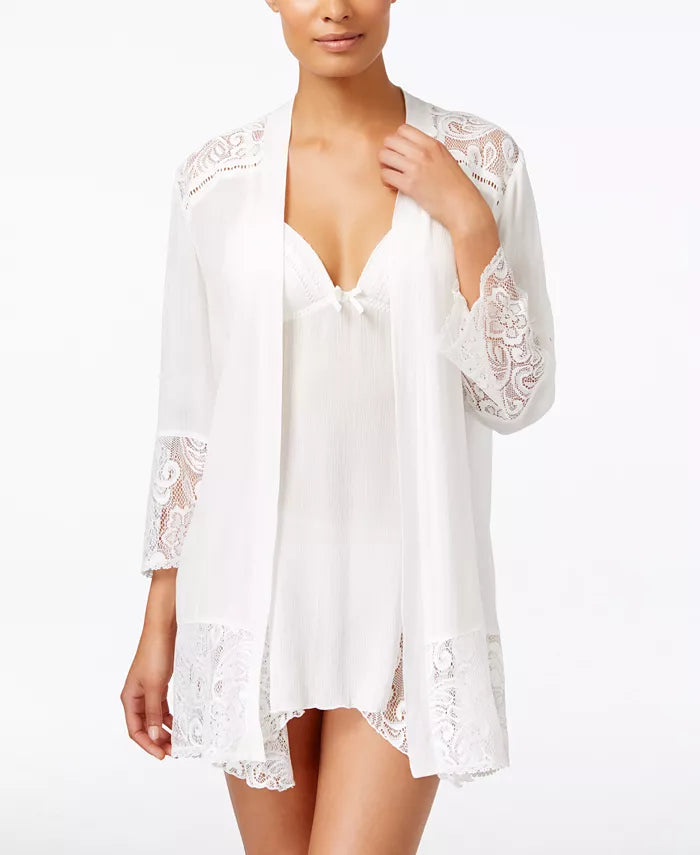 Linea Donatella Flower Child Sheer Lace-Trim Kimono Robe Lingerie Winter White Size S/M