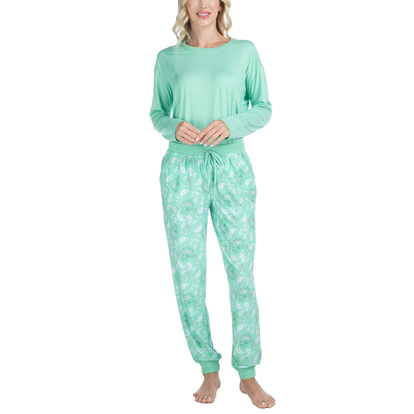 MUK LUKS Women's 2-Pc. Lounge Loyalist Sweatshirt Jogger Set Green Paisley Size M