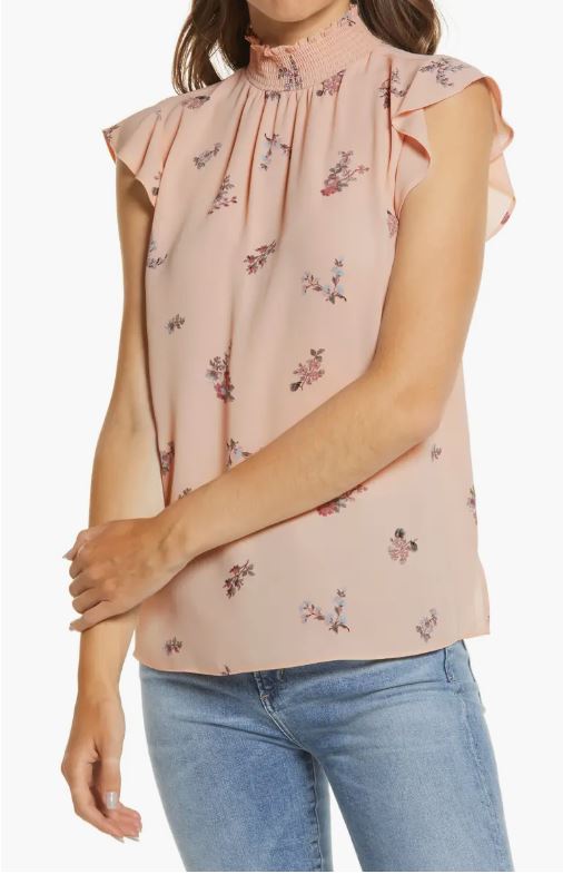 Vince Camuto Women's Smocked Neck Ruffle Sleeve Blouse Color Belini Size M