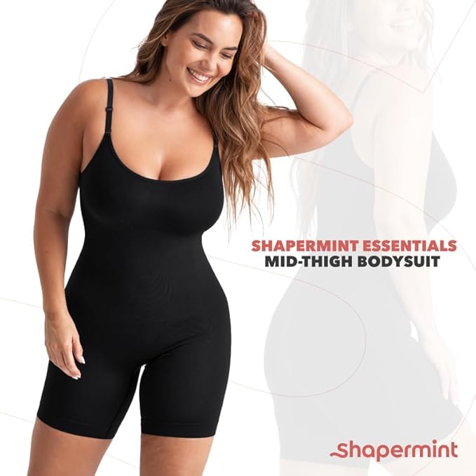 Shapermint Essentials Mid Thigh Bodysuit Tummy Control Shapewear Black Size XL