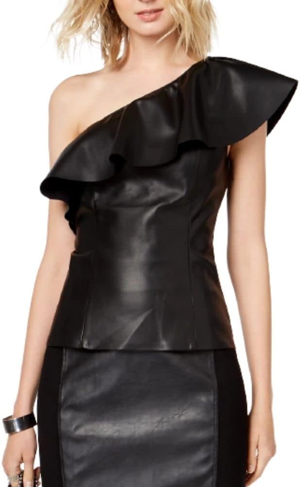 INC International Concepts Women's Faux-Leather One-Shoulder Top Color Deep Black Size S