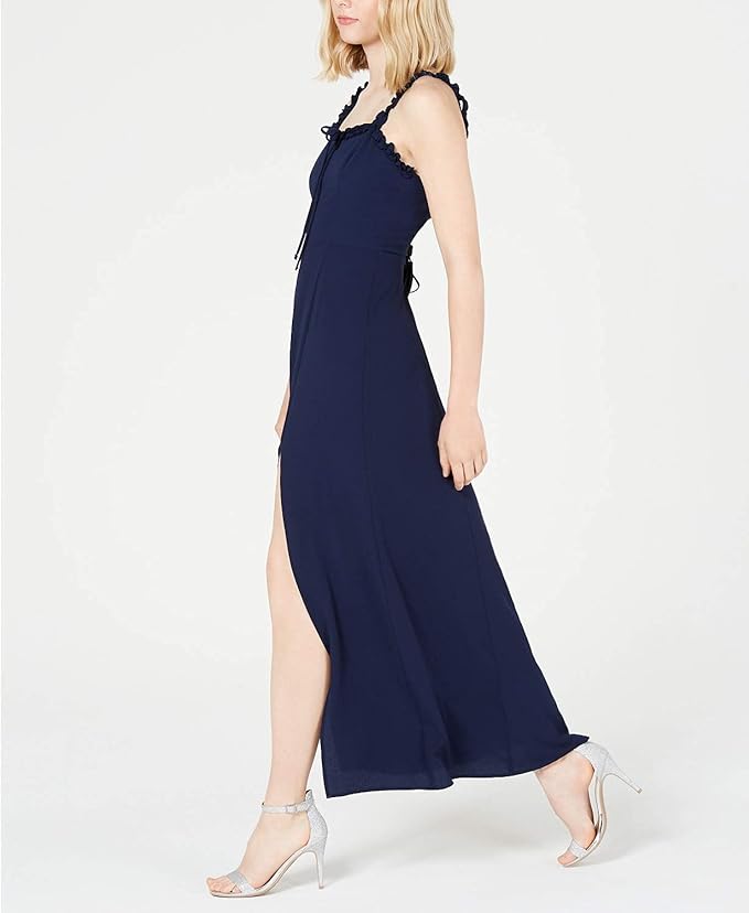 Teeze Me Juniors Ruffle Trim Crepe Side Slit Maxi Dress Color Navy Size 9/10