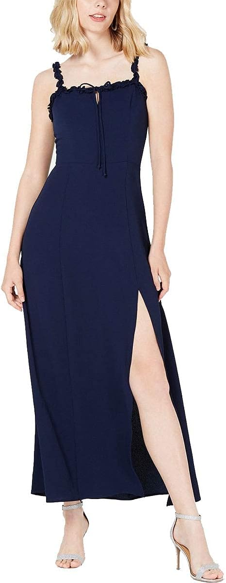Teeze Me Juniors Ruffle Trim Crepe Side Slit Maxi Dress Color Navy Size 9/10