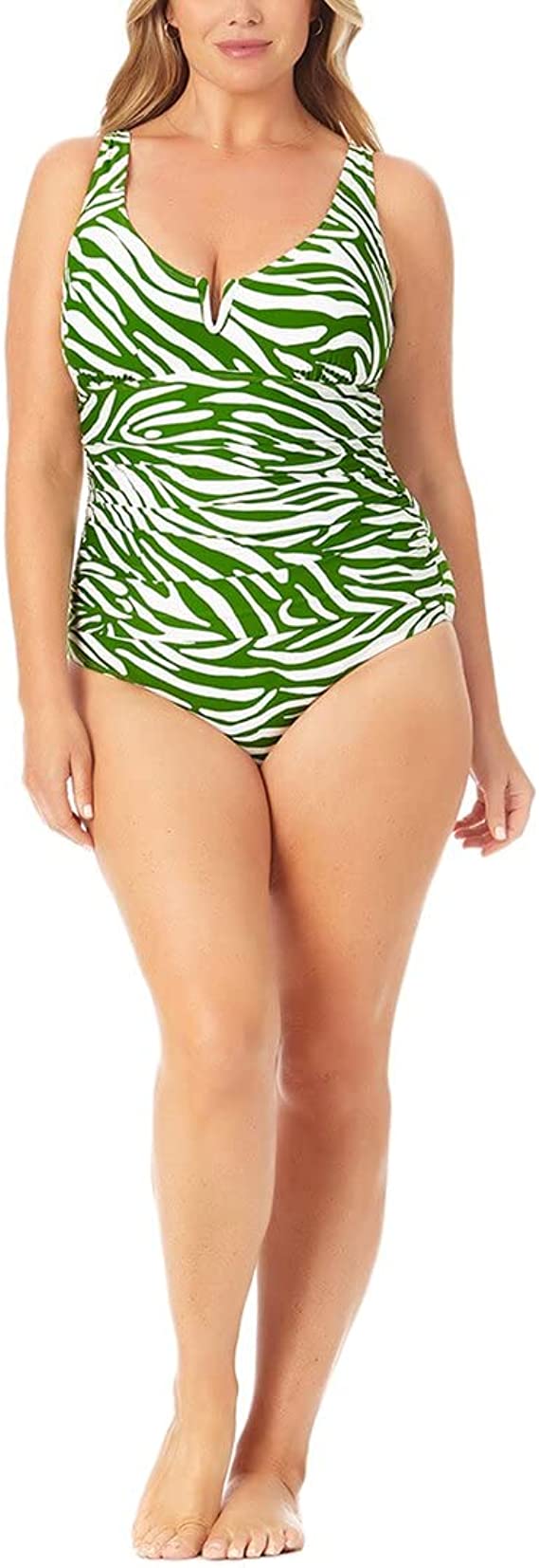 Anne Cole Plus Size Printed V-Wire One-Piece Swimsuit Color Zebra Green White Size 22W