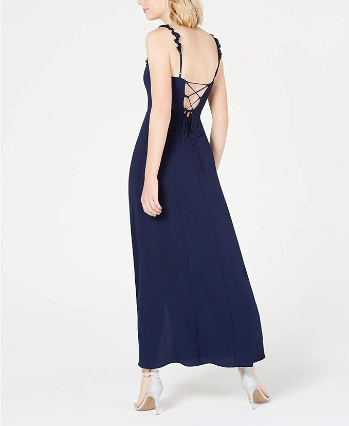 Teeze Me Juniors Ruffle Trim Crepe Side Slit Maxi Dress Color Navy Size 9/10