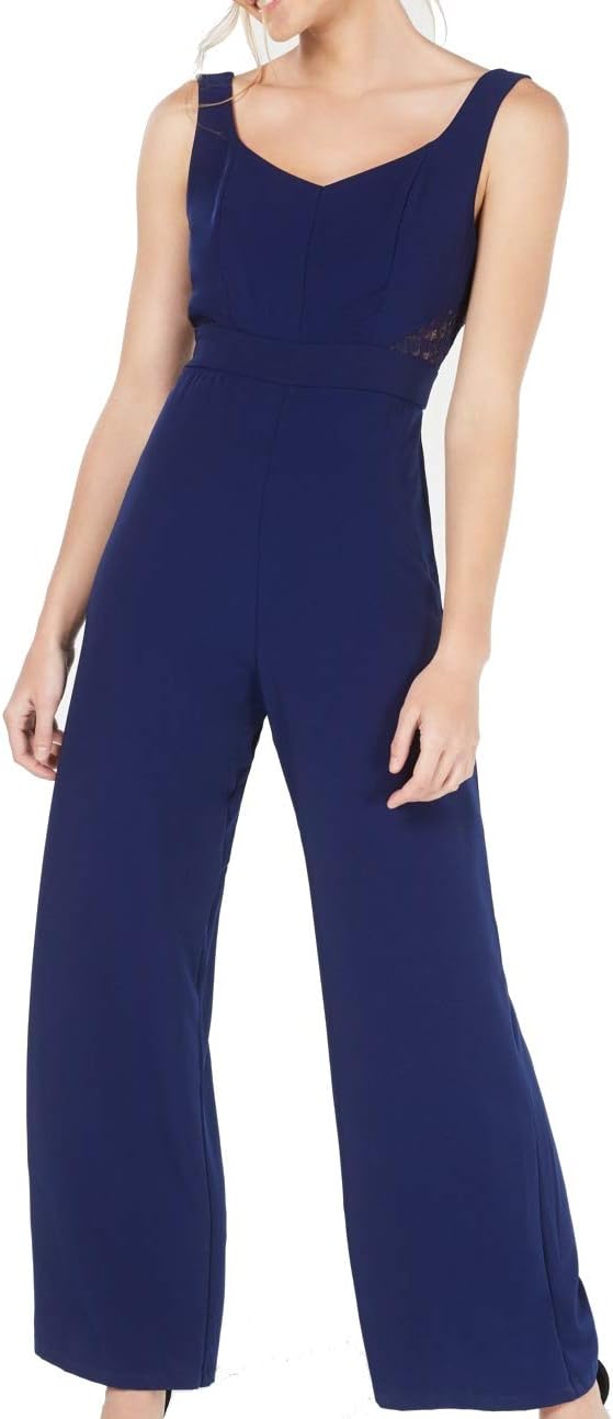 City Studio Lace Sides V-Neck Wide Leg Jumpsuit Color Navy Size S