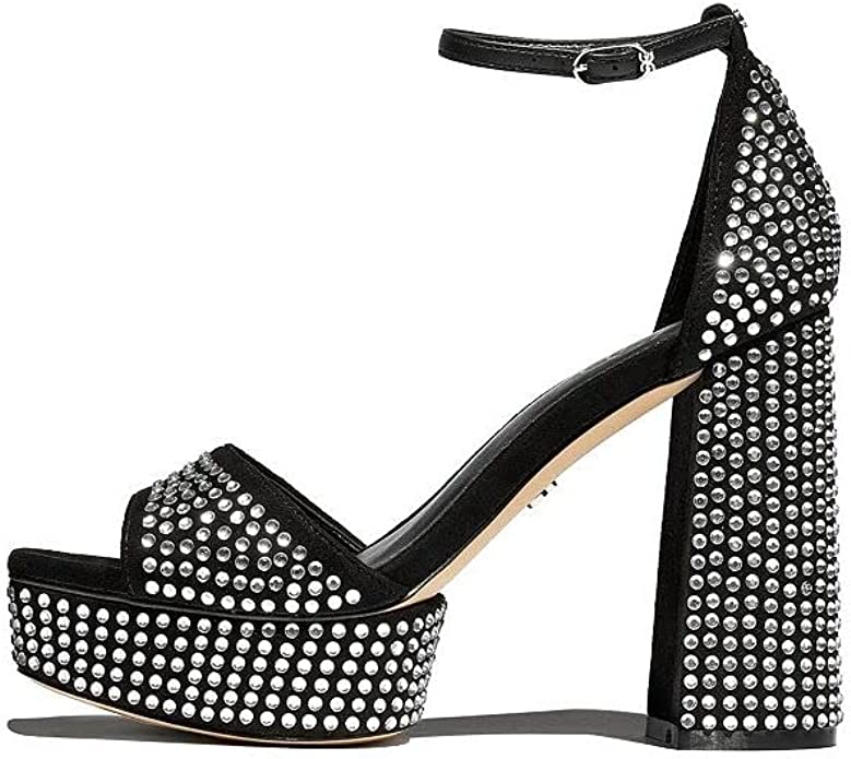 Sam Edelman Nellie Glitz Block Heel Ankle Strap Open Toe Heeled Sandals  Color Black Size 8.5M