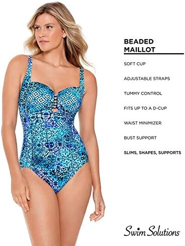 Swim Solutions Santorini Beaded Maillot Strappy-Front One Piece Swimsuit Color Blue Size 10