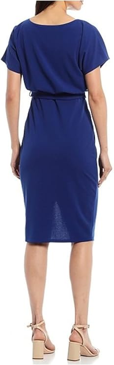 kensie Belted Blouson Wrap Textured Knit Sheath Dress Cobalt Size 6