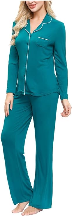 INK+IVY Women's Rayon Long Sleeve Button Top & Trouser Pajama Set Color Evergreen Size XL