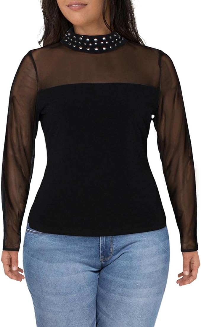 INC International Concepts Women's Illusion Stud-Detail Top Color Deep Black Size XL