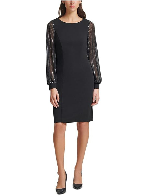 Jessica Howard Women's Petites Chiffon-Sleeve Sequin Sheath Dress Color Black Size 12P