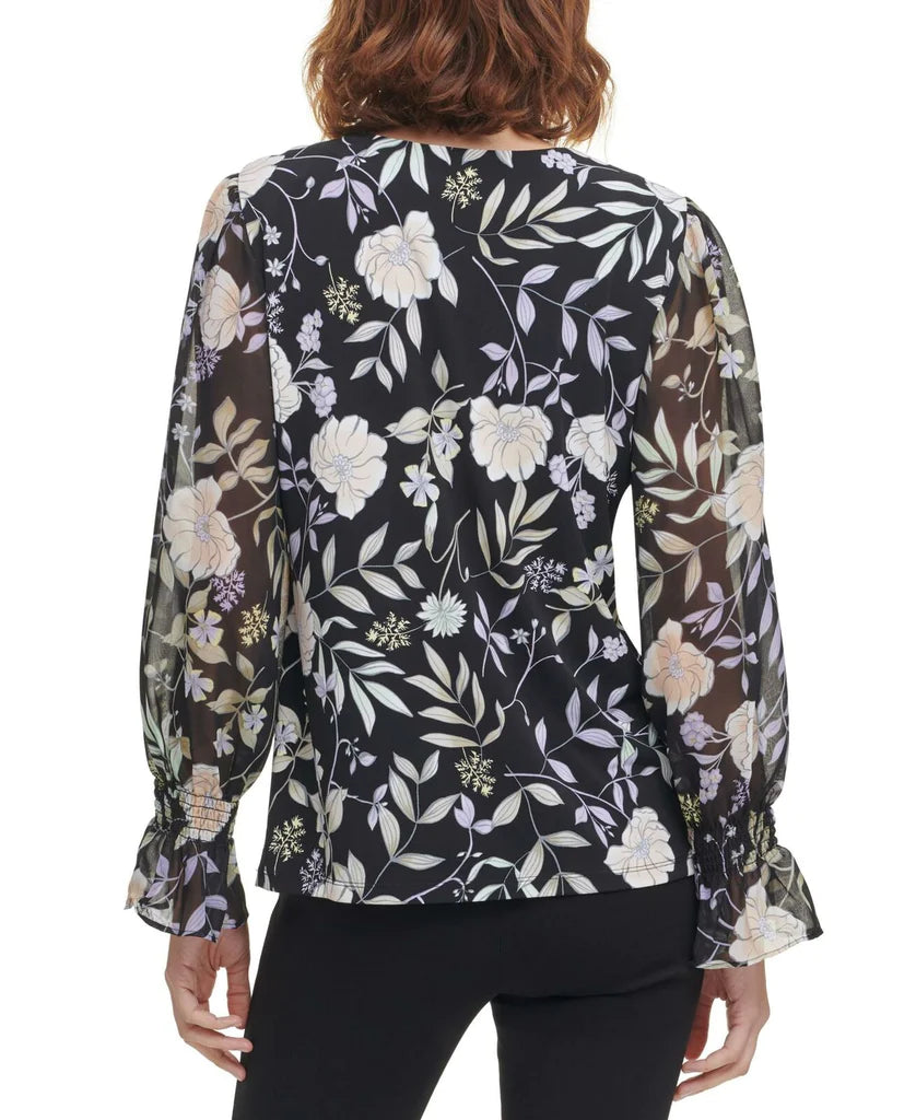 Calvin Klein Women's Printed Ruffled-Sleeve Top Multicolor Size XL