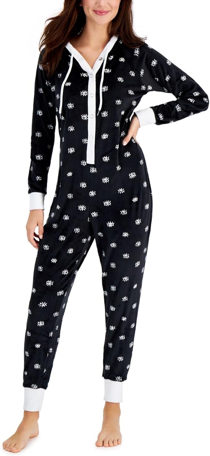 Jenni Women's Hooded Velour Printed Unionsuit Color Eyes Size L