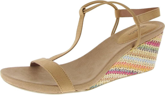 Style & Co Women's Mulan Faux Suede Wedge Sandals  Khaki Rainbow Raffia Size 10