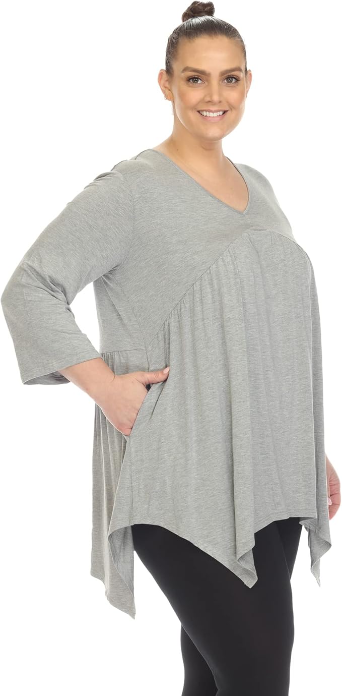 White Mark Women's Empire Waist V-Neck 3/4 Sleeve Tunic Top Heather Gray Size XL