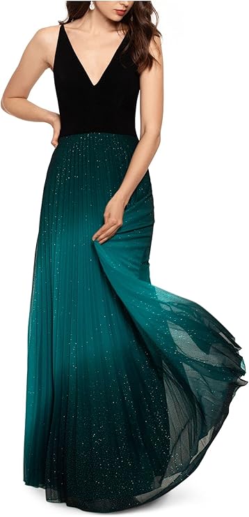 Betsy & Adam Pleated Glitter-Skirt Gown Color Black/Teal Green Size 8