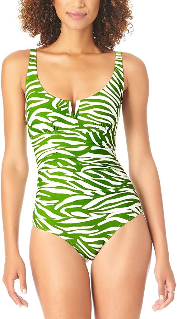 Anne Cole Zebra V-Wire One-Piece Swimsuit Color Green/White Size 8