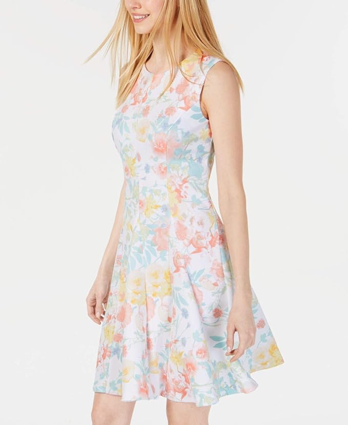 Calvin Klein Women's Petite Sleeveless Printed A-Line Dress Color White Floral Size 12P