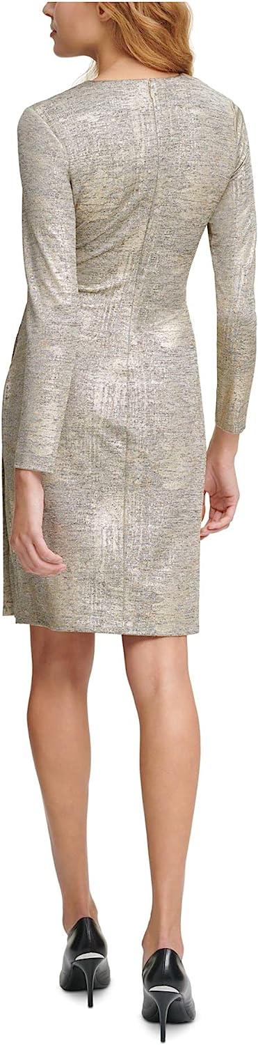 Calvin Klein Ruched Long Sleeve V Neck Evening Sheath Dress Color Gold Shimmer Size 6