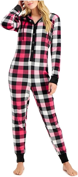 Jenni Women's Hooded Velour Printed Unionsuit Color Pink Plaid Size XL