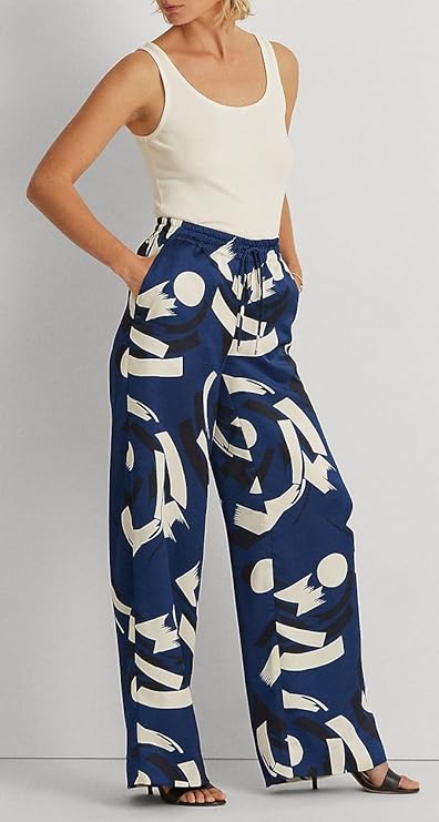 Lauren Ralph Lauren Women's Geometric-Print Charmeuse Wide-Leg Pants Color Blue/Cream Navy Size XL