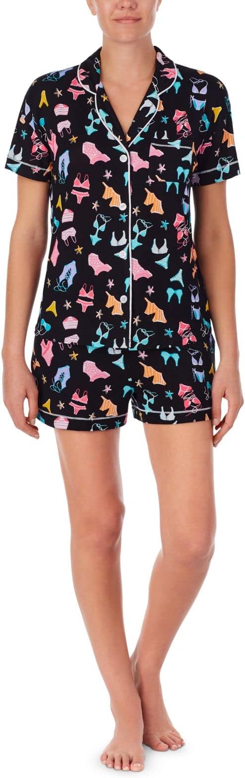 Cuddl Duds Women's Printed Knit Shorts Sleep Set Color Black Novel Size S