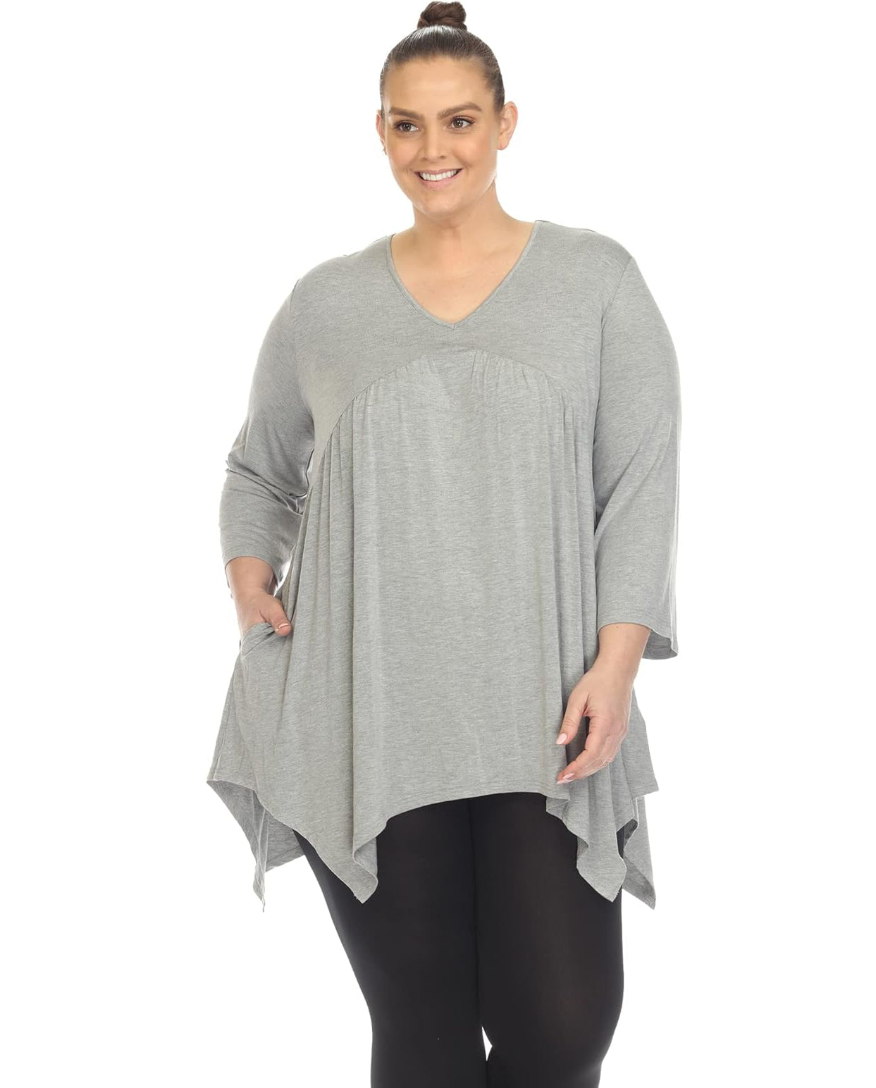 White Mark Women's Empire Waist V-Neck 3/4 Sleeve Tunic Top Heather Gray Size XL