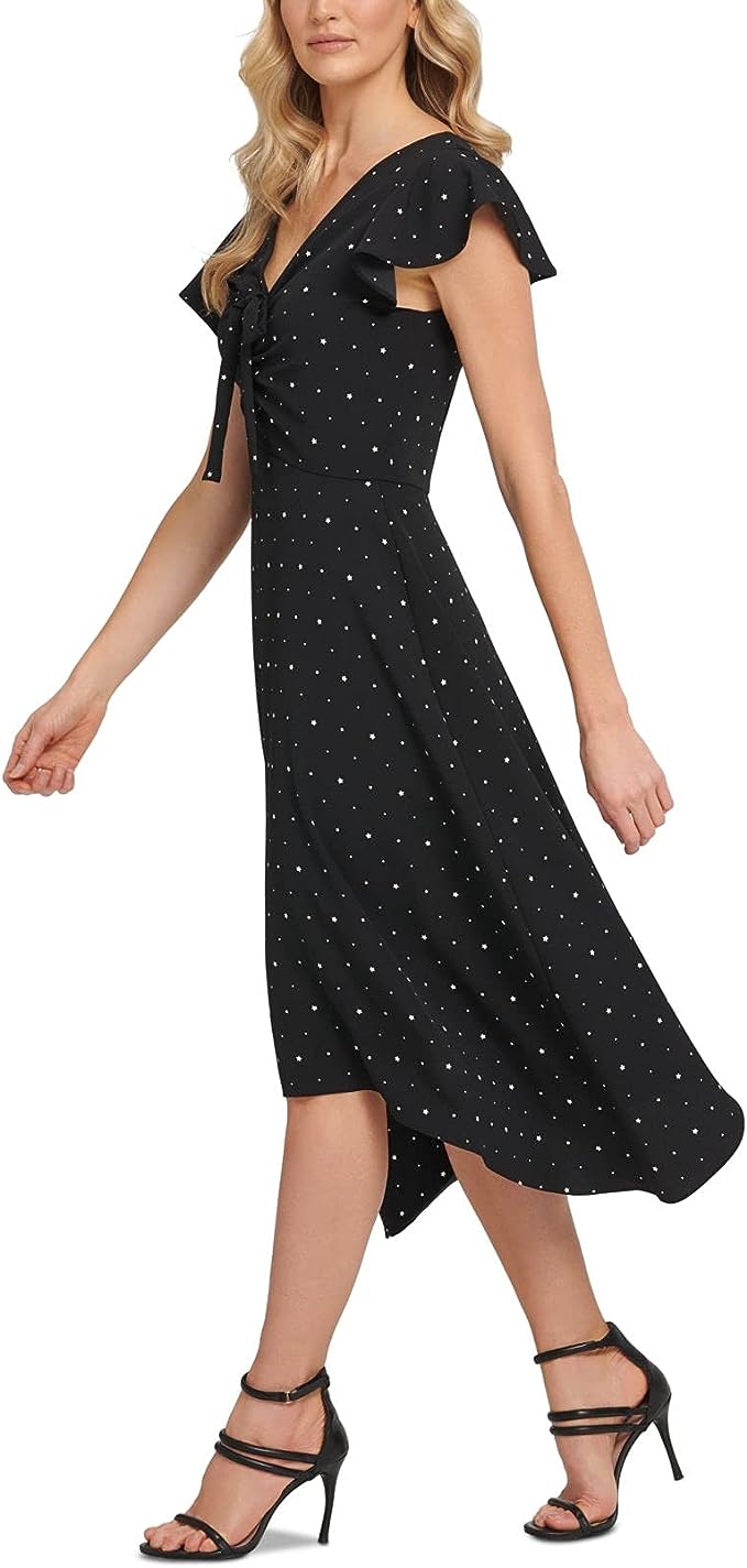 DKNY Women's Starry Ruched Tie-Front Dress Color Black/Cream Size 10