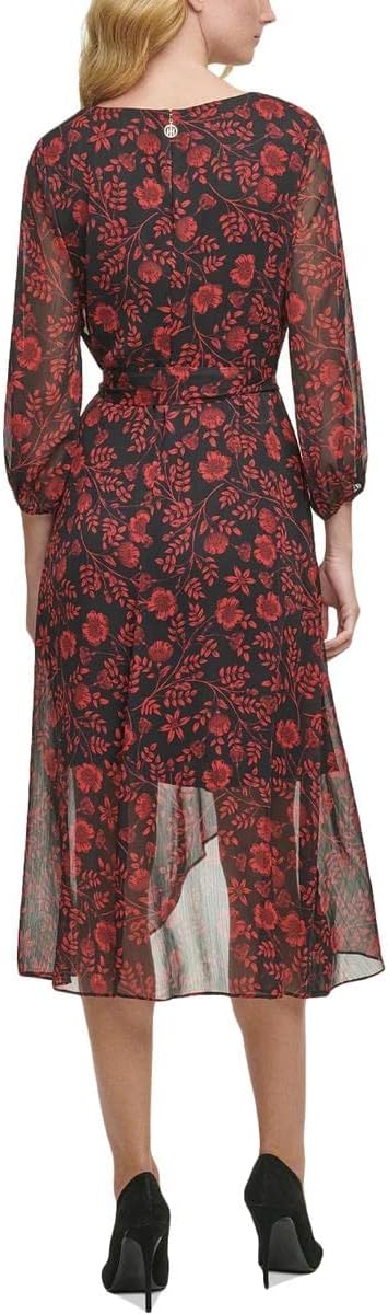 Tommy Hilfiger Almeria Floral-Print Calf Midi Dress Color Black Scarlet Size 18