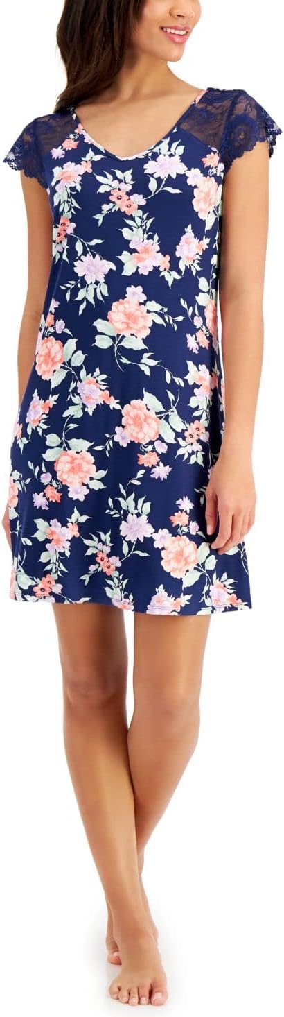 Charter Club Women's Lace-Sleeve Chemise Nightgown Color Blossoms Blue Size M