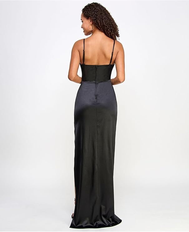 Emerald Sundae Juniors Drape-Front Long Sateen Gown Color Black Size xs