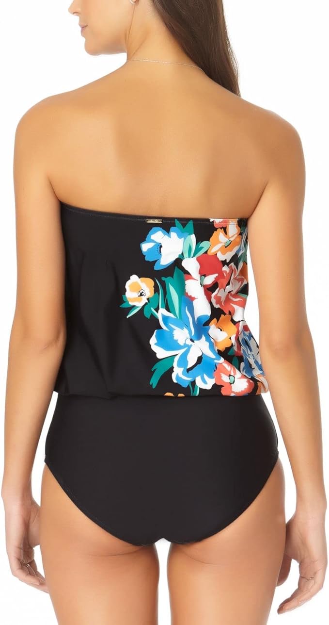 Anne Cole Printed Blouson One-Piece Swimsuit Color Black Floral Size 8