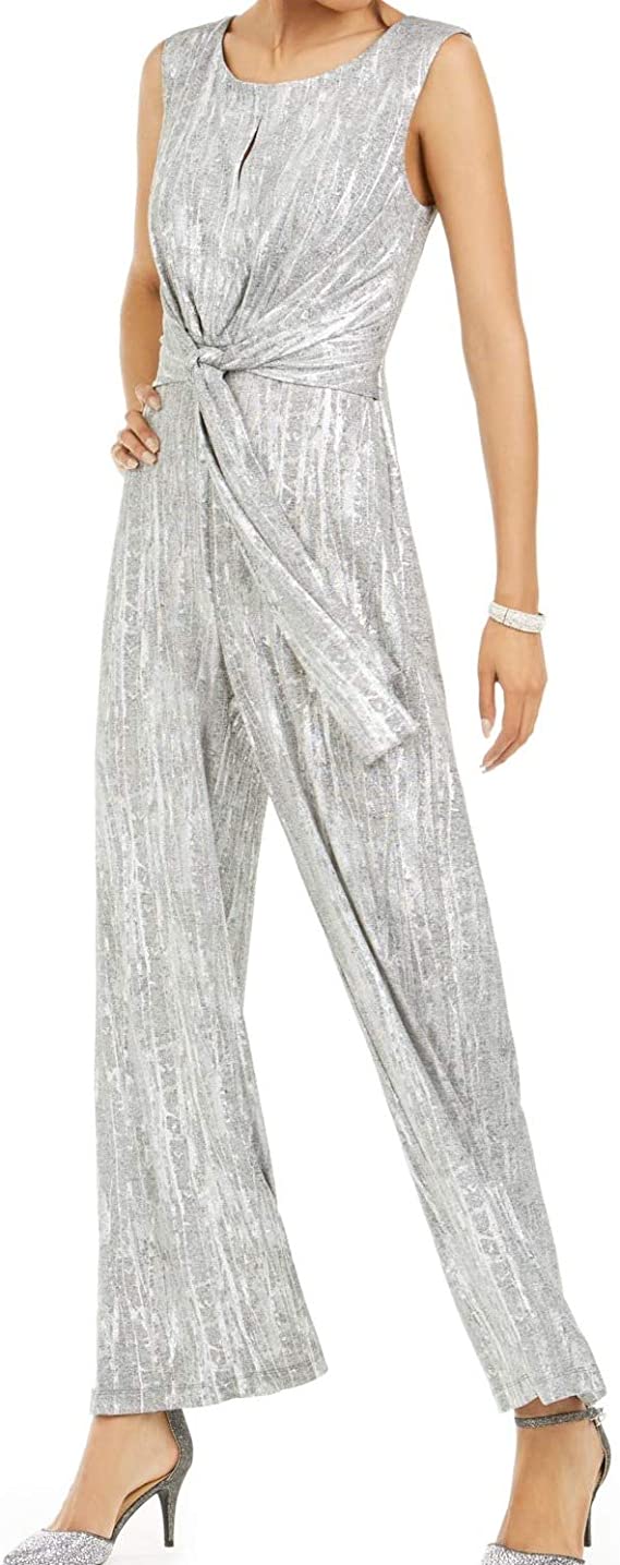 Connected Apparel Womens Keyhole Wide Leg Jumpsuit Color Silver Size 10