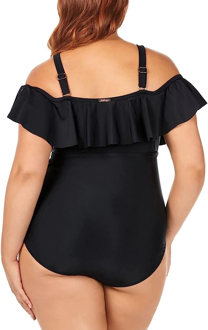 Raisins Curve Trendy Plus Size Solid Caicos Flounce One-Piece Swimsuit Color Black Size 20W
