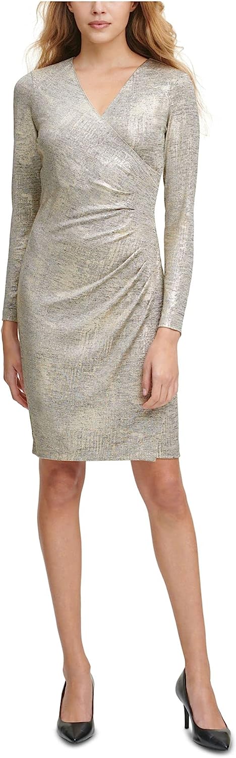 Calvin Klein Ruched Long Sleeve V Neck Evening Sheath Dress Color Gold Shimmer Size 6