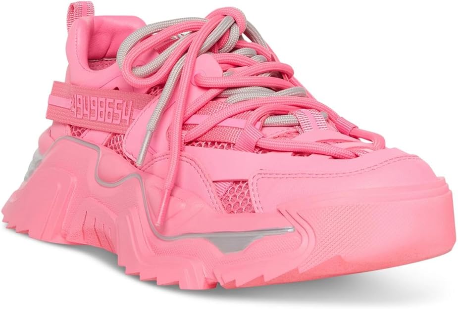Steve Madden Women's Power Chunky Lace-Up Power Sneaker Neon Pink Multi Size 10