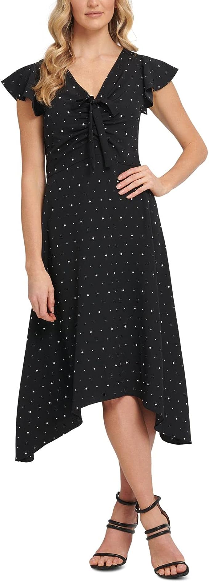 DKNY Women's Starry Ruched Tie-Front Dress Color Black/Cream Size 10