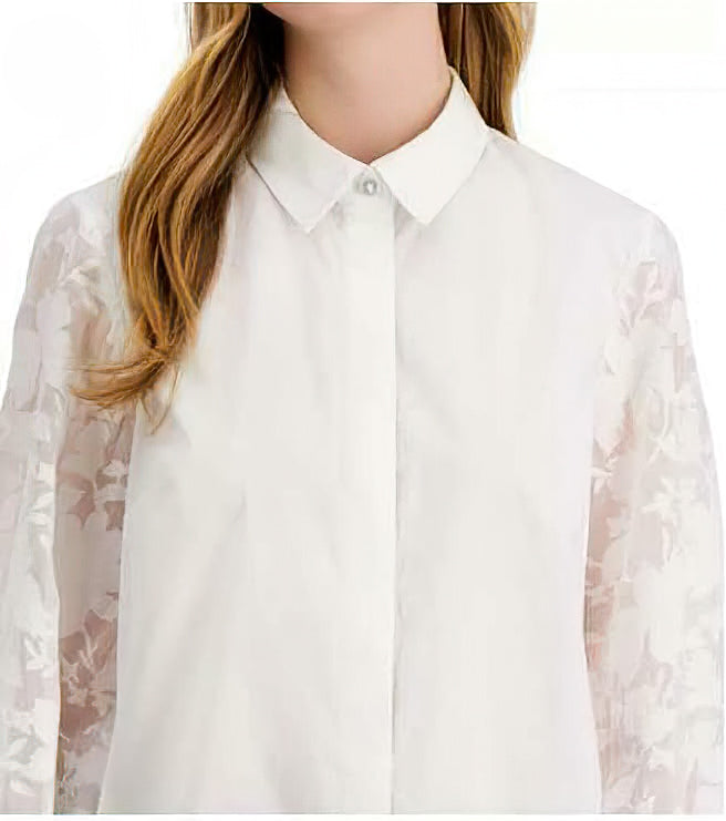 Alfani Women's Lace-Sleeve Button-Up Shirt Color Bright White Size S