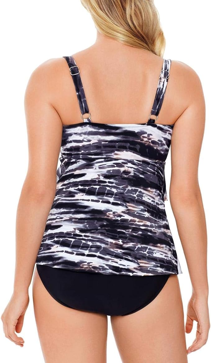 Swim Solutions Printed Side-Tie Tankini Top Color Coastal Plates Black Size 18