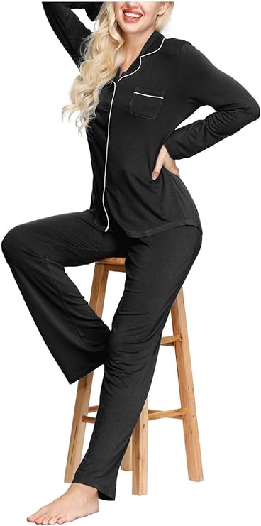 INK+IVY Women's Rayon Long Sleeve Button Top & Trouser Pajama Set Color Black Size S